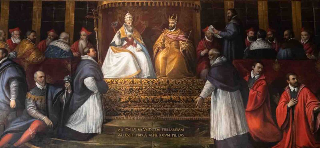 The Doge Introduces Emperor Frederick Barbarossa to Pope Alexander III, by Andrea Vicentino (Palazzo Ducale, 16th c.)