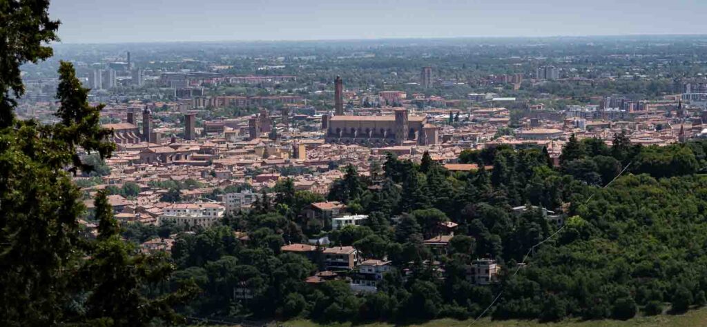 Panoramic view of Bologna from the hillside below the Sanctuary of the Madonna di San Luca.
