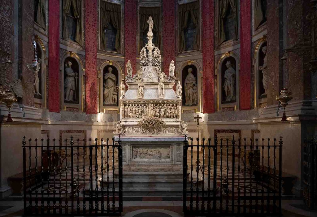 Marble relief on the Sarcophagus of Saint Dominic inside the Basilica di San Domenico.